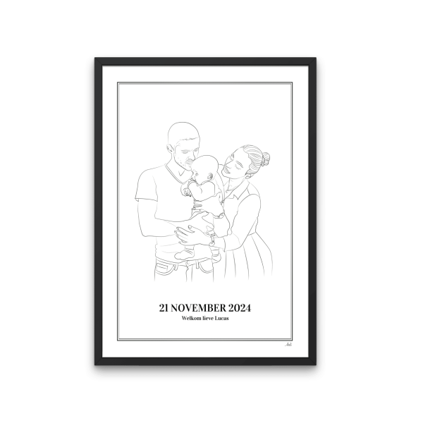 Minimalistische lijntekening van een jong gezin met pasgeboren baby, liefdevol vastgelegd in een zwart-wit stijl. Gepersonaliseerd met geboortedatum en naam: ‘21 november 2024 – Welkom lieve Lucas’. Ingelijst in een zwarte houten lijst, handgemaakt door Artli.