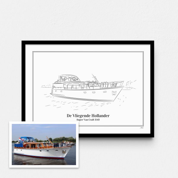 Handgetekende lijntekening van jouw schip